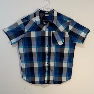 Columbia Men Blue, White Plaid Button Down Shirt short sleeve cotton size XL